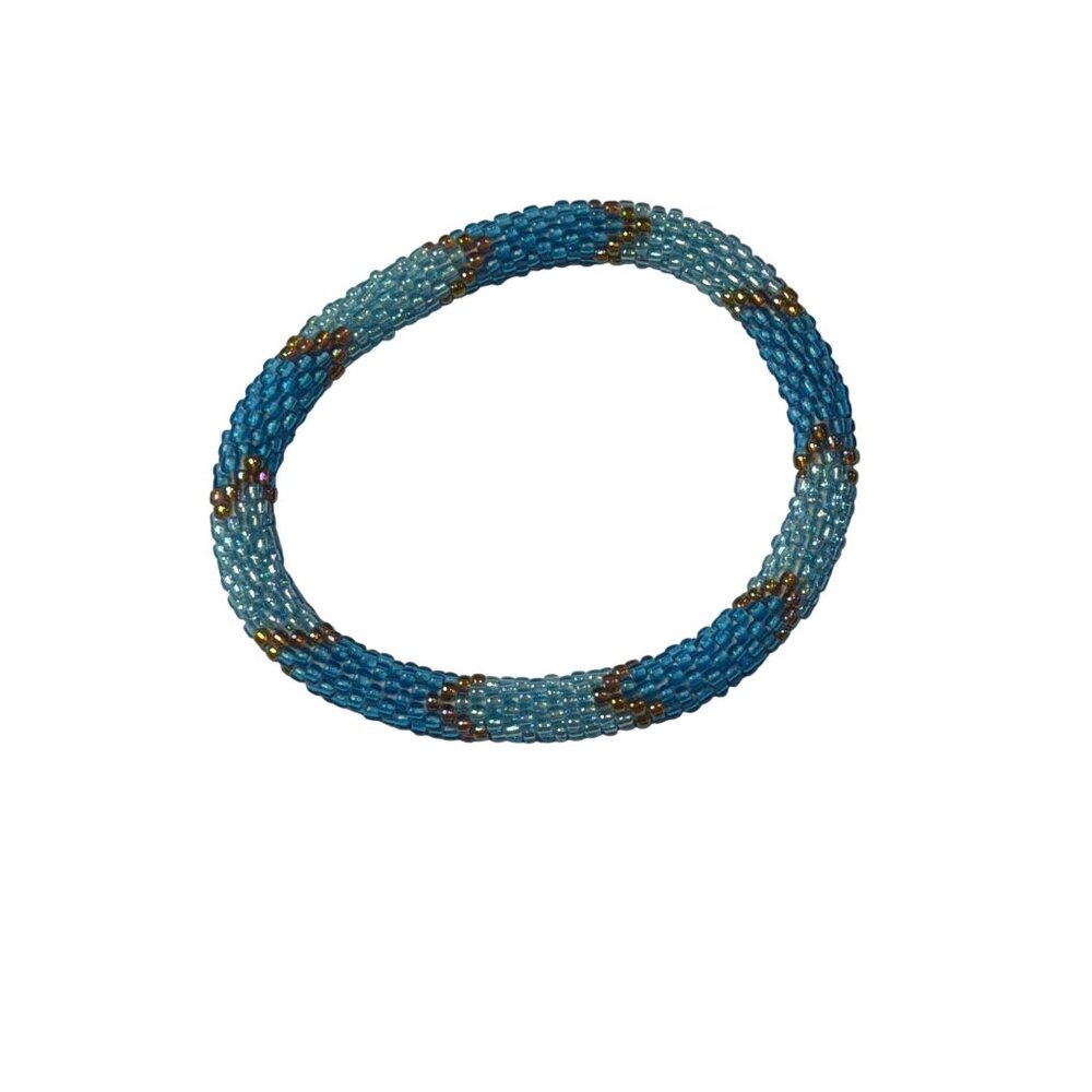 Sashka Bracelet Handmade‎ Boho Chic Crochet Beaded Roll-On Blue Light Blue Gold